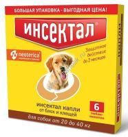 ИНСЕКТАЛ 6 пипеток 20-40 кг капли от блох и клещей для собак 