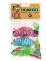 HOMECAT 3 шт 7 см игрушка для кошек мышки полосатые с пером гремящие