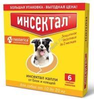 ИНСЕКТАЛ 6 пипеток 10-20 кг капли от блох и клещей для собак 