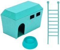 HOMEPET 15 см х 8,5 см х 10 см домик для грызунов в комплекте миска и лесенка пластиковый бирюзовый 