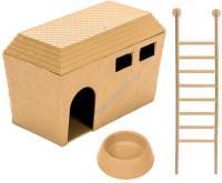 HOMEPET 15 см х 8,5 см х 10 см домик для грызунов в комплекте миска и лесенка пластиковый бежевый 