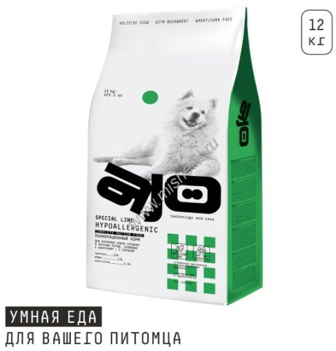 AJO Dog Hypoallergenic 12 кг сухой полнорационный корм с гречкой для профилактики проявлений аллергии и нормализации пищеварения для взрослых собак средних и крупных пород