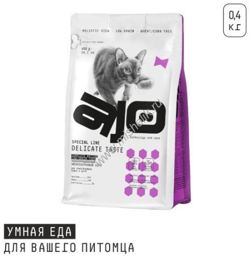 AJO Cat Delicate Taste 400 г с ухой полнорационный корм для привередливых кошек и котят с индейкой 