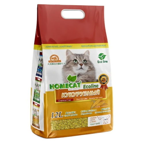HOMECAT Ecoline Кукурузный 12 л комкующийся наполнитель для кошачьих туалетов 