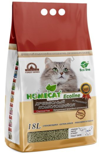 HOMECAT Ecoline 18 л древесный комкующийся наполнитель в гранулах для кошачьих туалетов