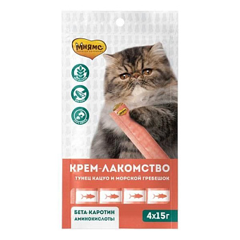 Крем-лакомство Мнямс для кошек с тунцом Кацуо и морским гребешком 15 г х 4 шт.