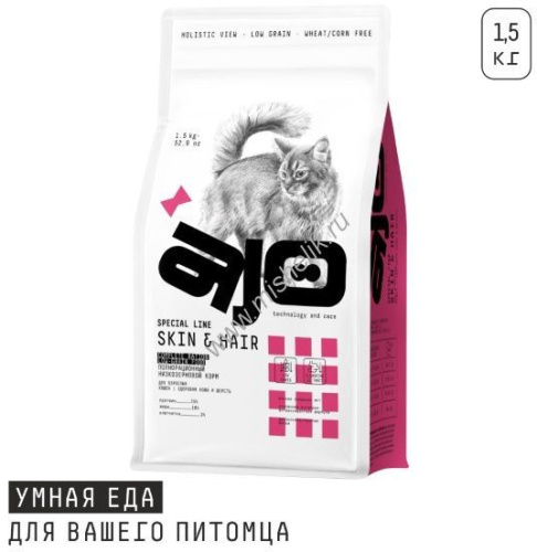 AJO Cat Skin & Hair 1,5 кг сухой полнорационный корм для длинношерстных кошек здоровая кожа и красивая шерсть с лососем и индейкой 