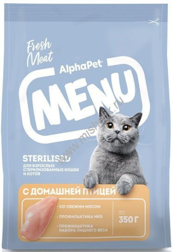 ALPHAPET MENU 350 гр сухой корм для взрослых стерилизованных кошек и котов с домашней птицей