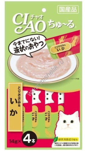 INABA Ciao Churu 4х14 г пюре для кошек куриное филе и кальмар 