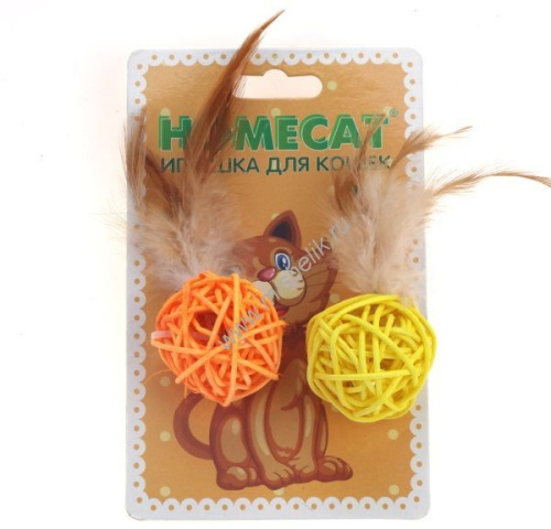 HOMECAT 2 шт Ф 4 см игрушка для кошек мячи из ротанга с пером и колокольчиком