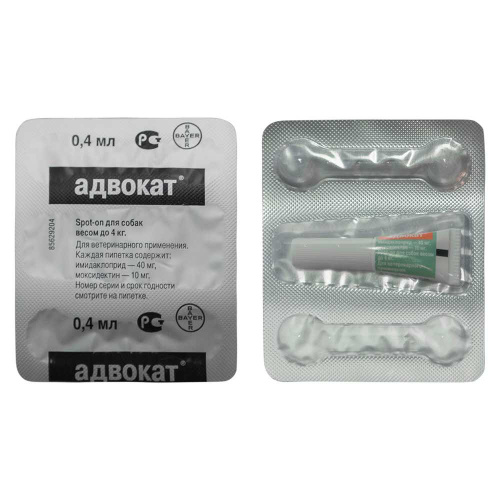 Bayer Адвокат 40 капли для собак до 4 кг от чесоточных клещей, блох и гельминтов (1 пипетка х 0,4 мл)