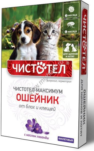 ЧИСТОТЕЛ МАКСИМУМ 50 см ошейник от блох и клещей для щенков и котят фиолетовый коробка