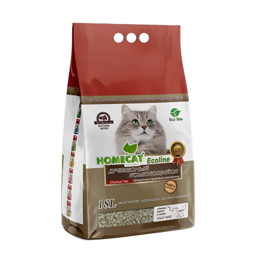 HOMECAT Ecoline 18 л древесный комкующийся наполнитель для кошачьих туалетов