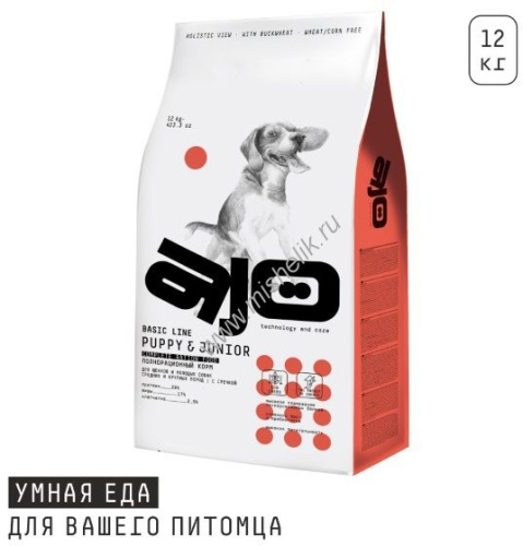 AJO Dog PUPPY JUNIOR 12 кг сухой полнорационный корм для щенков и молодых собак средних и крупных пород индейка с гречкой