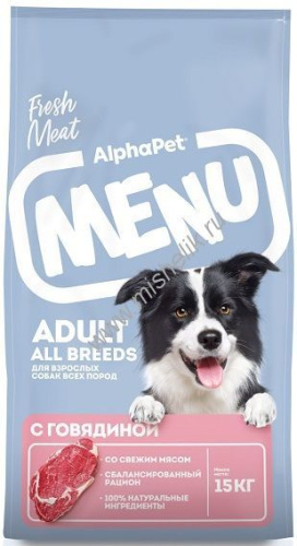 ALPHAPET MENU 15 кг сухой корм для взрослых собак всех пород с говядиной