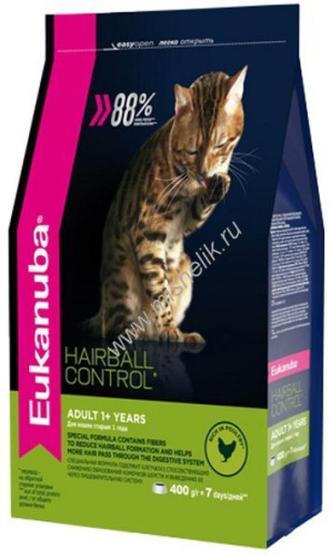 EUKANUBA ADULT HAIRBALL INDOOR 400 гр сухой корм для взрослых кошек живущих в помещении и способствующий выведению шерсти с домашней птицей 