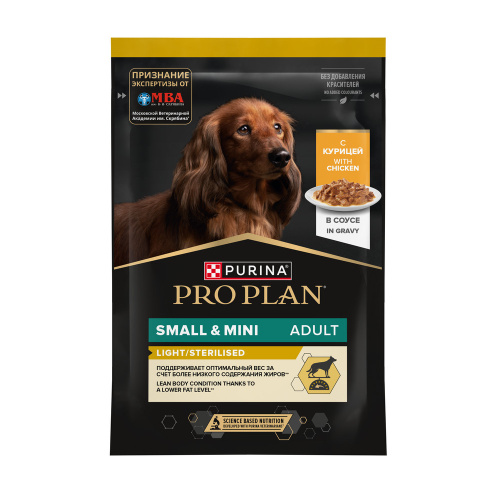PRO PLAN 85 г пауч влажный  корм для взрослых собак мелких и карликовых пород, склонных к набору веса, с курицей в соусе 