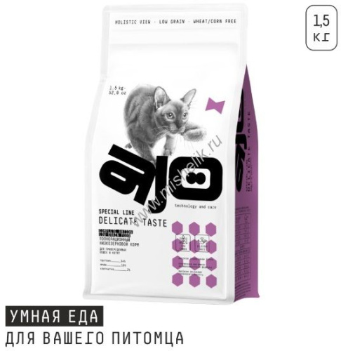 AJO Cat Delicate Taste 1,5 кг с ухой полнорационный корм для привередливых кошек и котят с индейкой 