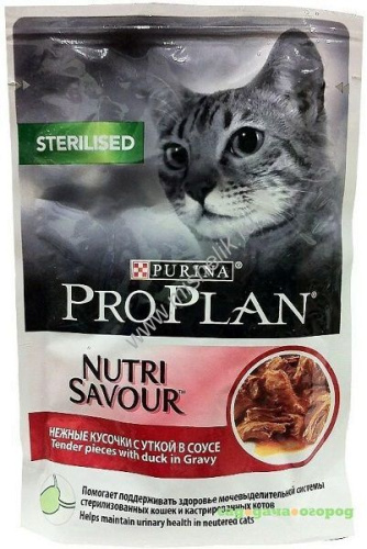 PRO PLAN Nutri Savour 85 г пауч влажный  корм для взрослых стерилизованных кошек и кастрированных котов, с уткой в соусе 