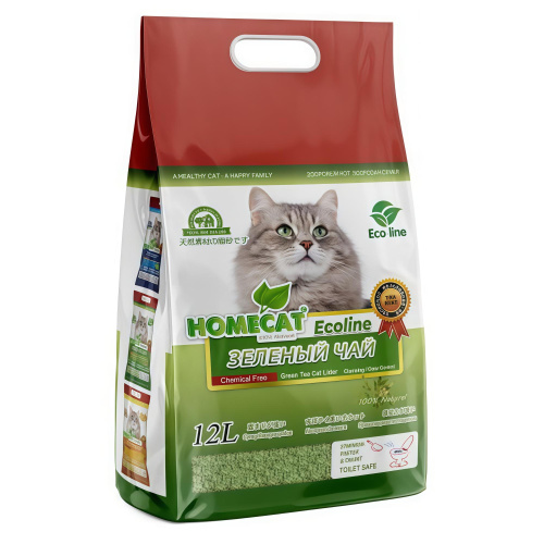 HOMECAT Ecoline Зеленый чай 12 л комкующийся наполнитель для кошачьих туалетов с ароматом зеленого чая 