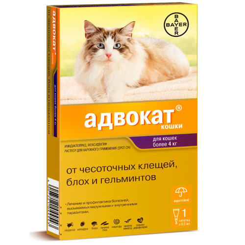 Bayer Адвокат 80 капли для кошек 4-8 кг от чесоточных клещей, блох и гельминтов (1 пипетка х 0,8 мл)