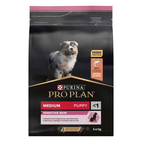 PRO PLAN 3 кг сухой корм для щенков средних пород с чувствительной кожей, с высоким содержанием лосося 