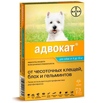 Bayer Адвокат 100 капли для собак 4-10 кг от чесоточных клещей, блох и гельминтов (3 пипетки х 1 мл)