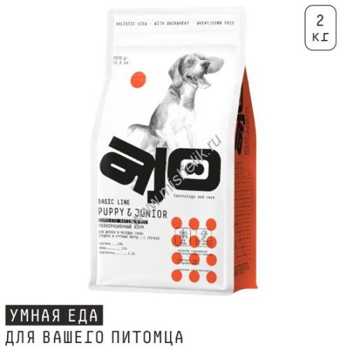 AJO Dog PUPPY JUNIOR 2 кг сухой полнорационный корм для щенков и молодых собак средних и крупных пород индейка с гречкой 