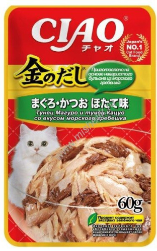 INABA Ciao Kinnodashi 60 г пауч для кошек тунец магуро и тунец кацуо со вкусом морского гребешка в желе