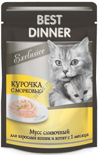Best Dinner Exclusive 85 г консервы для кошек и котят с 1 месяца мусс сливочный с курочкой и морковью пауч 