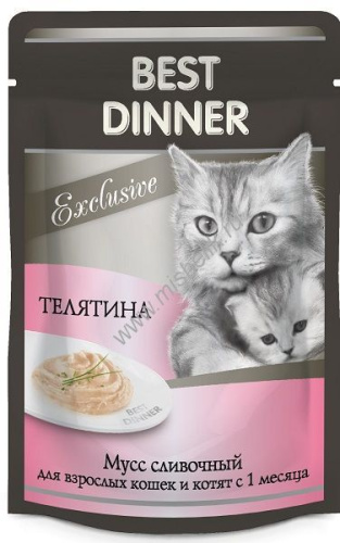 Best Dinner Exclusive 85 г консервы для кошек и котят с 1 месяца мусс сливочный с телятиной пауч 